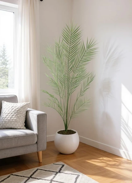 Yapay Ağaç 20 Yaprak Palmiye Ağacı Beyaz Küre Saksıda 130*60cm - Resim 6