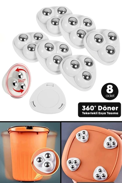 Tilbe Home 8 Adet 360 Derece Döner Çelik Bilye Tekerlekli Eşya Yük Taşıma Yapışkanlı Eşya Kaydırma Aparatı Set ürün görseli