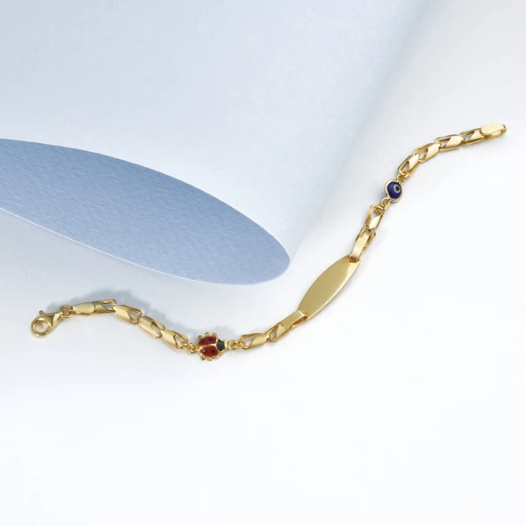 14 Ayar Altın Kaplama Kişiselleştirilmiş Uğur Böceği ve Göz Nazar Boncuklu Çocuk Bilekliği - BPC00101 ürün görseli 1