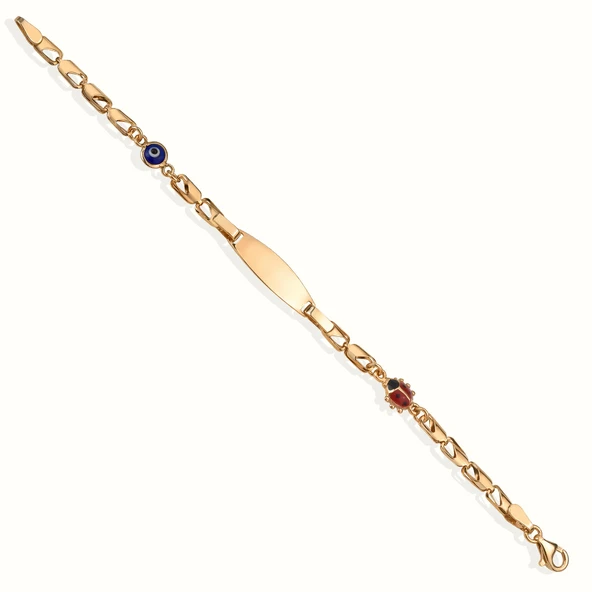 14 Ayar Altın Kaplama Kişiselleştirilmiş Uğur Böceği ve Göz Nazar Boncuklu Çocuk Bilekliği - BPC00101 - Resim 5