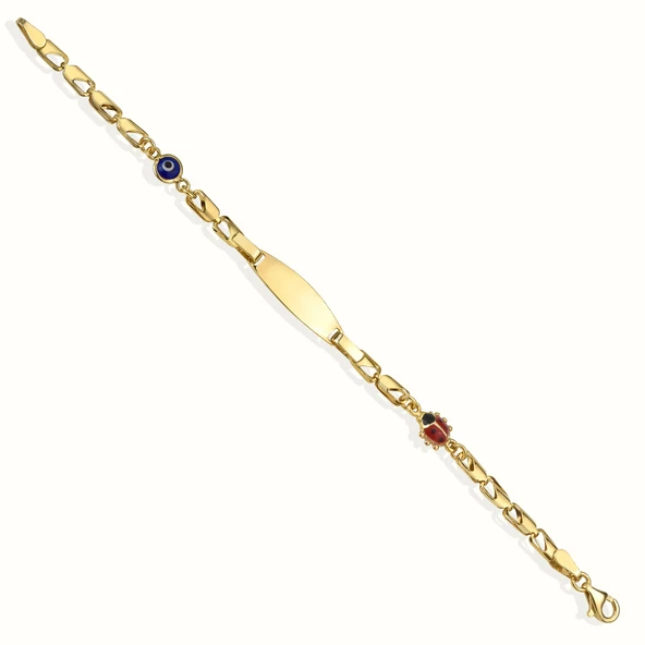 14 Ayar Altın Kaplama Kişiselleştirilmiş Uğur Böceği ve Göz Nazar Boncuklu Çocuk Bilekliği - BPC00101 - Resim 6