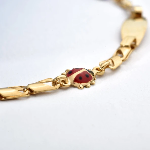 14 Ayar Altın Kaplama Kişiselleştirilmiş Uğur Böceği ve Göz Nazar Boncuklu Çocuk Bilekliği - BPC00101 - Resim 3