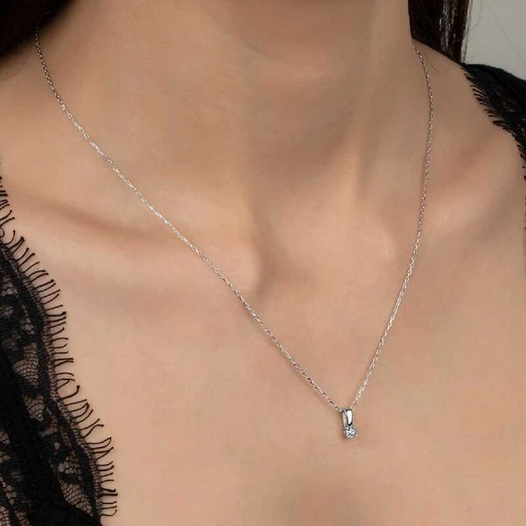 Swarovski Taşlı Gümüş Tektaş Bayan Kolye - Resim 2