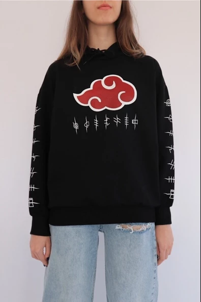 Naruto Anime Akatsuki Uchiha Siyah Kapşonlu Pamuklu Sweatshirt