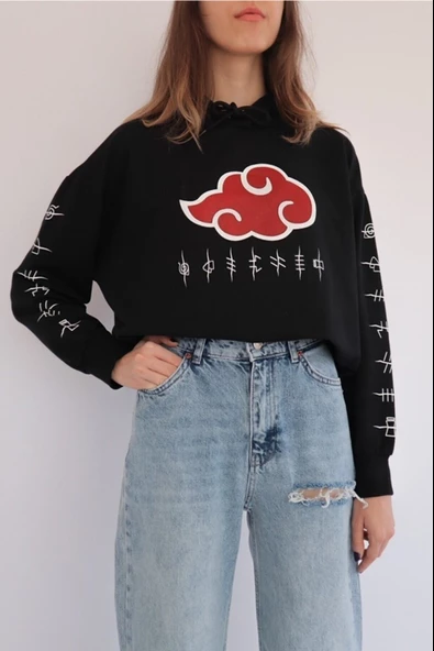 Naruto Anime Akatsuki Uchiha Siyah Kapşonlu Pamuklu Sweatshirt - 2