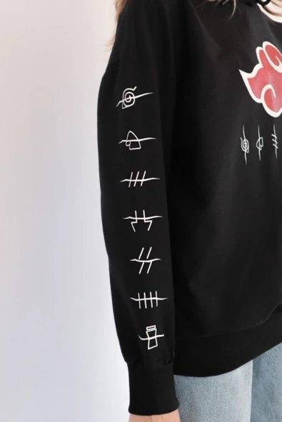 Naruto Anime Akatsuki Uchiha Siyah Kapşonlu Pamuklu Sweatshirt - 3