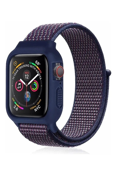 Apple Watch 38mm Hasırlı Cırtcırtlı Kasalı Kordon - Lacivert-Mürdüm - 1