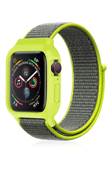 Apple Watch 38mm Hasırlı Cırtcırtlı Kasalı Kordon - Yeşil - 1