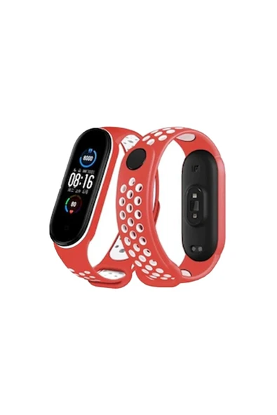 Xiaomi Mi Band 4 Spor Delikli Kordon - Kırmızı-Beyaz - 1