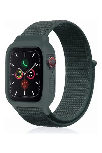 Apple Watch 42mm Hasırlı Cırtcırtlı Kasalı Kordon - Haki Yeşil - 1