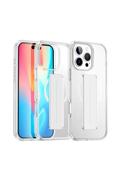 iPhone 16 Pro Kılıf Alfa Magsafe Standlı Kapak - Şeffaf - 1