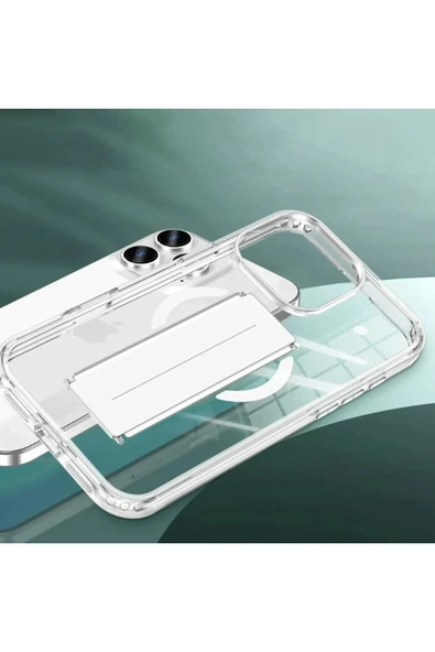 iPhone 16 Pro Kılıf Alfa Magsafe Standlı Kapak - Şeffaf - 3