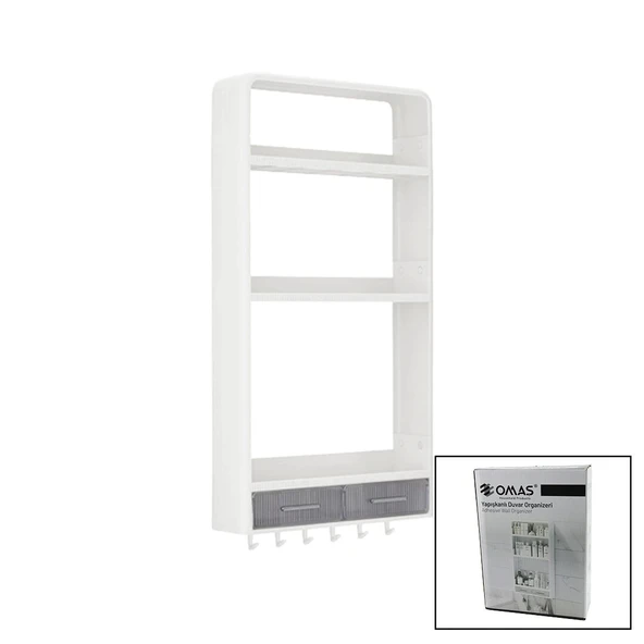 BEYAZ YAPIŞKANLI DUVAR ORGANİZERİ PLASTİK 3 RAF=14CM-19CM-30CM - 2 ÇEKMECE=40CM - 6 ASKI 19 PARÇA (5047) - 1