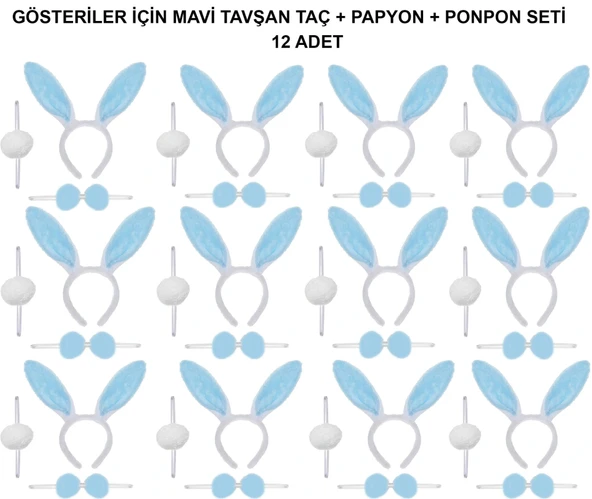 Mavi Tavşan Kostüm Seti - Taç, Papyon, Ponpon (12 li Paket) (5047)