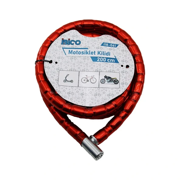 TÜP ANAHTARLI METAL KAFA ÇELİK MOTOR - BİSİKLET KİLİT SİLİNDİRİK SPİRAL KİLİT KIRMIZI KILIF22MM X 200CM (5047)