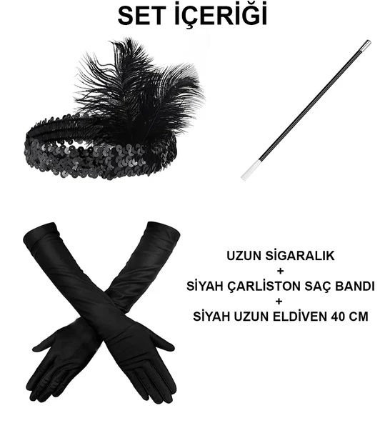 1920&apos;ler Gatsby Aksesuar Seti - Siyah Charleston Saç Bandı, Uzun Eldiven & Sigaralık (5047) - 2