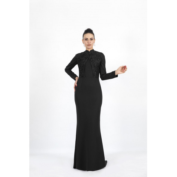 Nidya Moda Büyük Beden Kadın Tesettür Siyah Balık Uzun Abiye Elbise-4154S