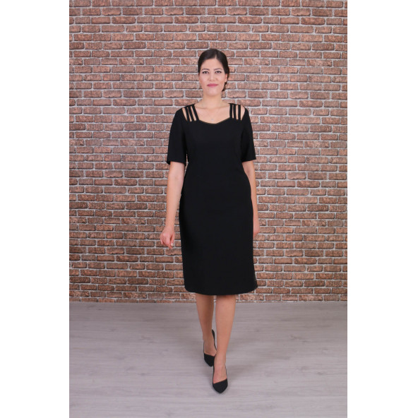 Nidya Moda Büyük Beden Kadın Siyah Omuz Şeritli Abiye Elbise-4155S