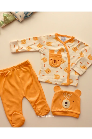 TinyAlp Tasarım Desenli Naturel Pamuk 3'lü Patikli Yenidoğan Erkek Bebek Takım - 7
