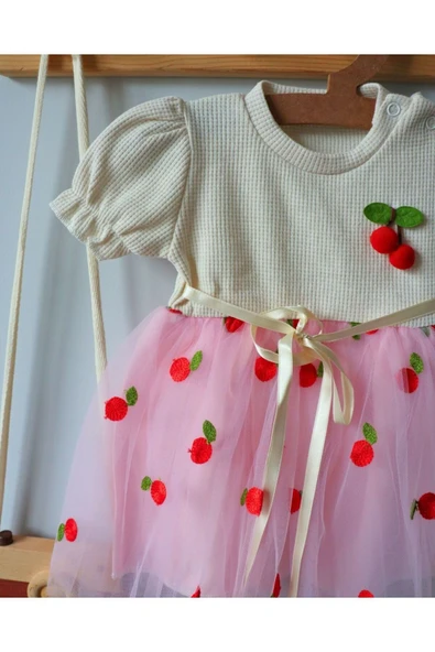 TinyAlp Kiraz Desenli Tüllü Şık Ve Rahat Kız Bebek Elbise - 5
