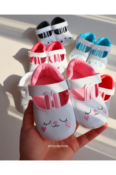 TinyAlp Bayramlık Tavşan Kulaklı Soft Renkli Tasarım Işleme Desenli Yumuşacık Taban Kız Bebek Ayakkabı - 8