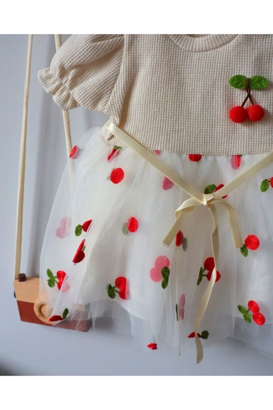 TinyAlp Kiraz Desenli Tüllü Şık Ve Rahat Kız Bebek Elbise - 7