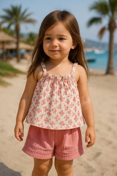 TinyAlp Yazlık Naturel Müslin Kumaş Askılı ve Şortlu Kız Çocuk Takım