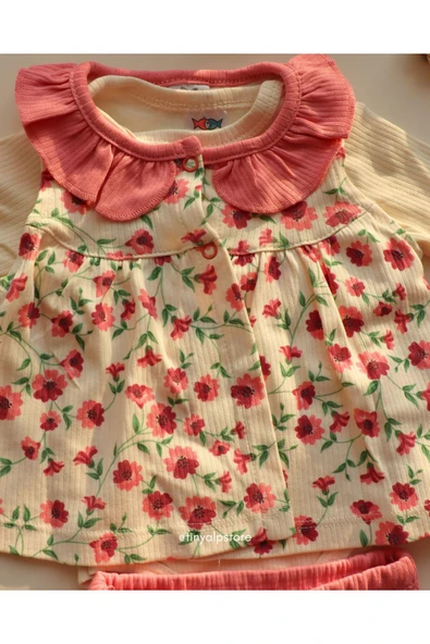 TinyAlp Şık ve Tasarım Çiçek Desenli Soft Renkli Basic Rahat Kumaş Bandanalı 4'lü Kız Bebek Takım - 3