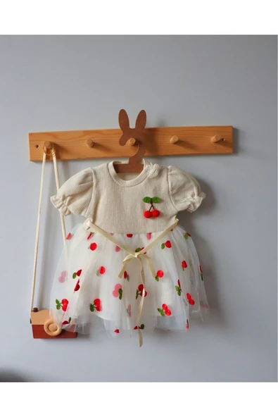 TinyAlp Kiraz Desenli Tüllü Şık Ve Rahat Kız Bebek Elbise - 6