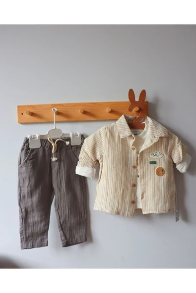 TinyAlp Soft Renkli Çizgili Ve Tasarım Desenli Muslin Badi Gömlek Pantolon Erkek Bebek Takım