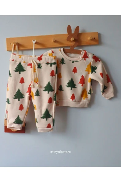TinyAlp Ağaç Desenli Şardonlu 3 Iplik Kalın Kışlık Kız/erkek Bebek Takım