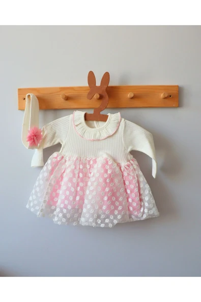 TinyAlp Bayramlık Tütülü Punatiye Detaylı Bebe Yaka Bandanalı Kız Bebek Elbise - 6