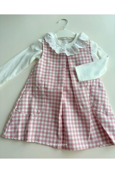 TinyAlp Şık Ve Rahat Ekose Desenli Badili Kız Çocuk Elbise