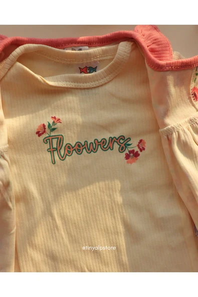 TinyAlp Şık ve Tasarım Çiçek Desenli Soft Renkli Basic Rahat Kumaş Bandanalı 4'lü Kız Bebek Takım - 5