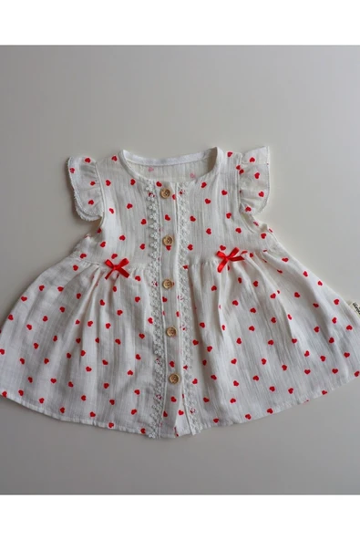 TinyAlp Kalp Desenli Müslin Kumaş Naturel Kız Bebek Elbise - 4