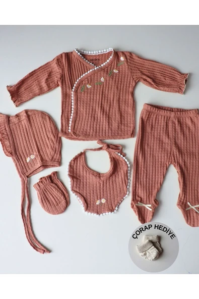 TinyAlp Soft Renkli ve Şık Tasarımlı Naturel Kumaş Kız Bebek 5'li Hastane Çıkış Seti