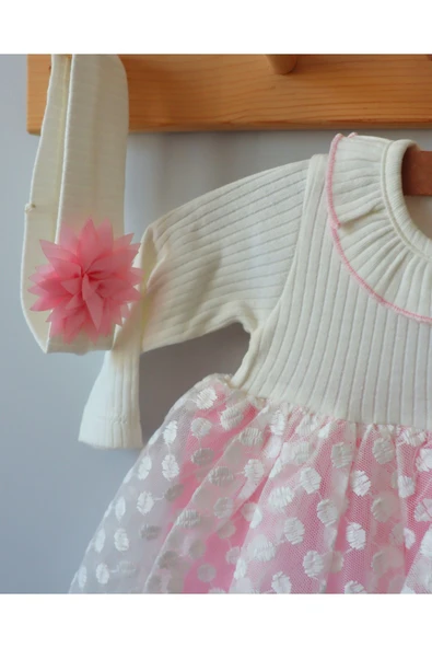 TinyAlp Bayramlık Tütülü Punatiye Detaylı Bebe Yaka Bandanalı Kız Bebek Elbise - 9