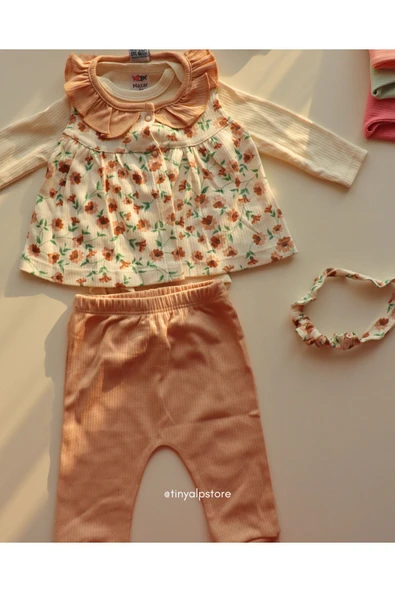 TinyAlp Şık ve Tasarım Çiçek Desenli Soft Renkli Basic Rahat Kumaş Bandanalı 4'lü Kız Bebek Takım - 6