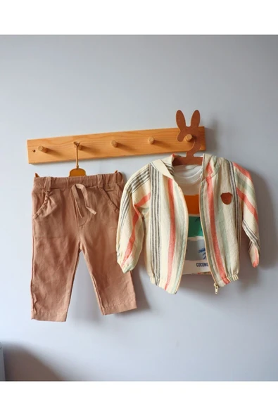 TinyAlp Bayramlık  Tasarım Desenli Ham Naturel Yumuşacık Keten Kumaş Erkek Bebek 3'lü Takım - 7