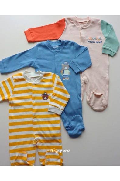 Necix's Pamuklu Rahat Tasarım Ayıcık Desenli Patikli Yenidoğan 3'lü Erkek Bebek Tulum