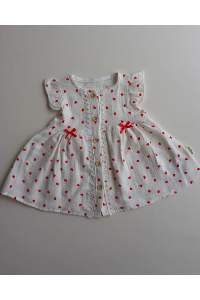TinyAlp Kalp Desenli Müslin Kumaş Naturel Kız Bebek Elbise - 2