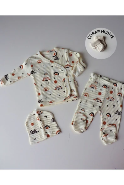 TinyAlp Soft Renkli ve Tasarım Desenli Yumuşacık Kız / Erkek Bebek Yenidoğan Takım - Çorap Hediyeli - 5