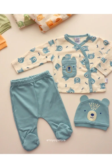 TinyAlp Tasarım Desenli Naturel Pamuk 3'lü Patikli Yenidoğan Erkek Bebek Takım