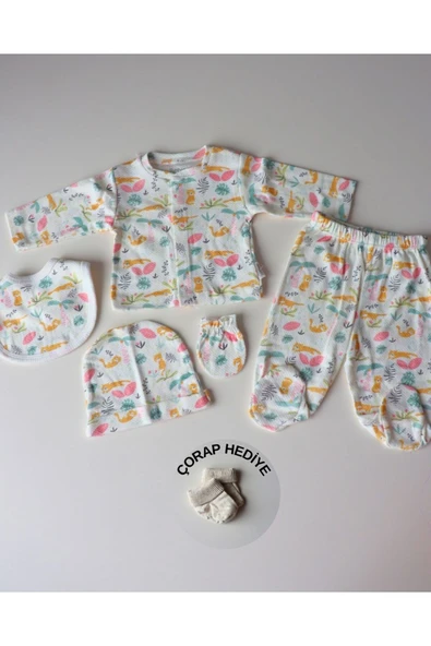 TinyAlp Soft Renkli ve Şık Tasarımlı Naturel Kumaş Kız Bebek 5'li Hastane Çıkış Seti - 5