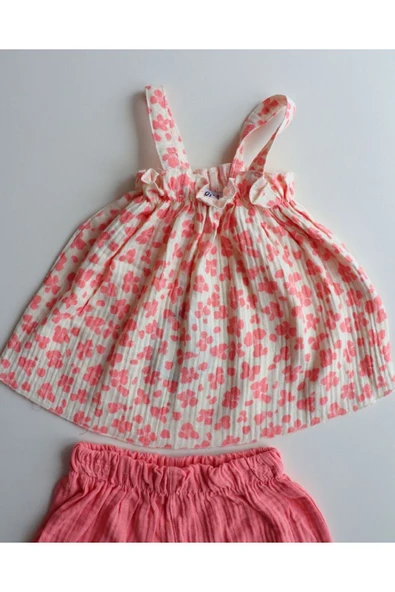 TinyAlp Yazlık Naturel Müslin Kumaş Askılı ve Şortlu Kız Çocuk Takım - 5