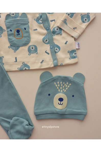 TinyAlp Tasarım Desenli Naturel Pamuk 3'lü Patikli Yenidoğan Erkek Bebek Takım - 3