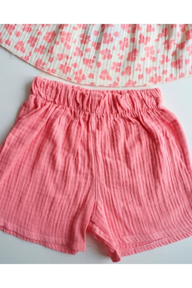 TinyAlp Yazlık Naturel Müslin Kumaş Askılı ve Şortlu Kız Çocuk Takım - 6