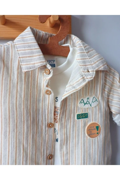 TinyAlp Soft Renkli Çizgili Ve Tasarım Desenli Muslin Badi Gömlek Pantolon Erkek Bebek Takım - 5