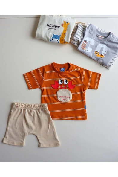 TinyAlp Eğlenceli Tasarım Desenli Yazlık Rahat Şortlu Erkek Bebek Takım