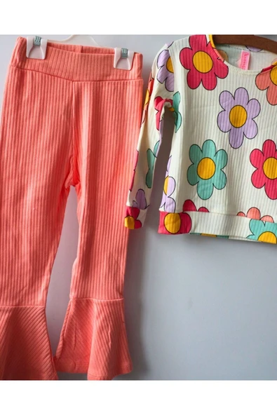 TinyAlp Rahat ve Kaliteli Esnek Kumaş İspanyol Paça Çiçek Desenli Kız Çocuk Takım - 5